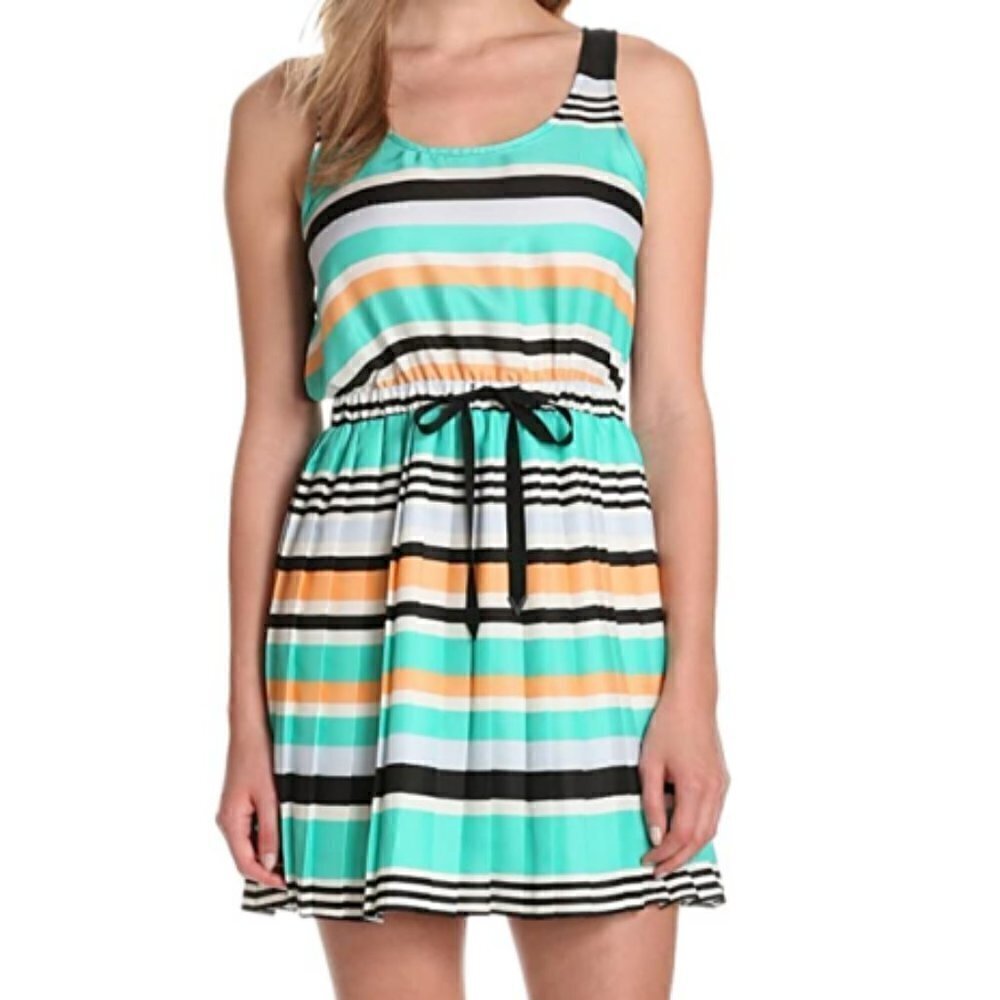 BCBGeneration Pleated Dress Womens Size XS Caribbean Sea Striped Sleeveless